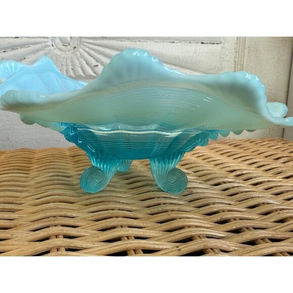 Vintage 50's Northwood Glass Klondyke Blue Opalescent Footed Candy/trinket Dish - Picture 1 of 9